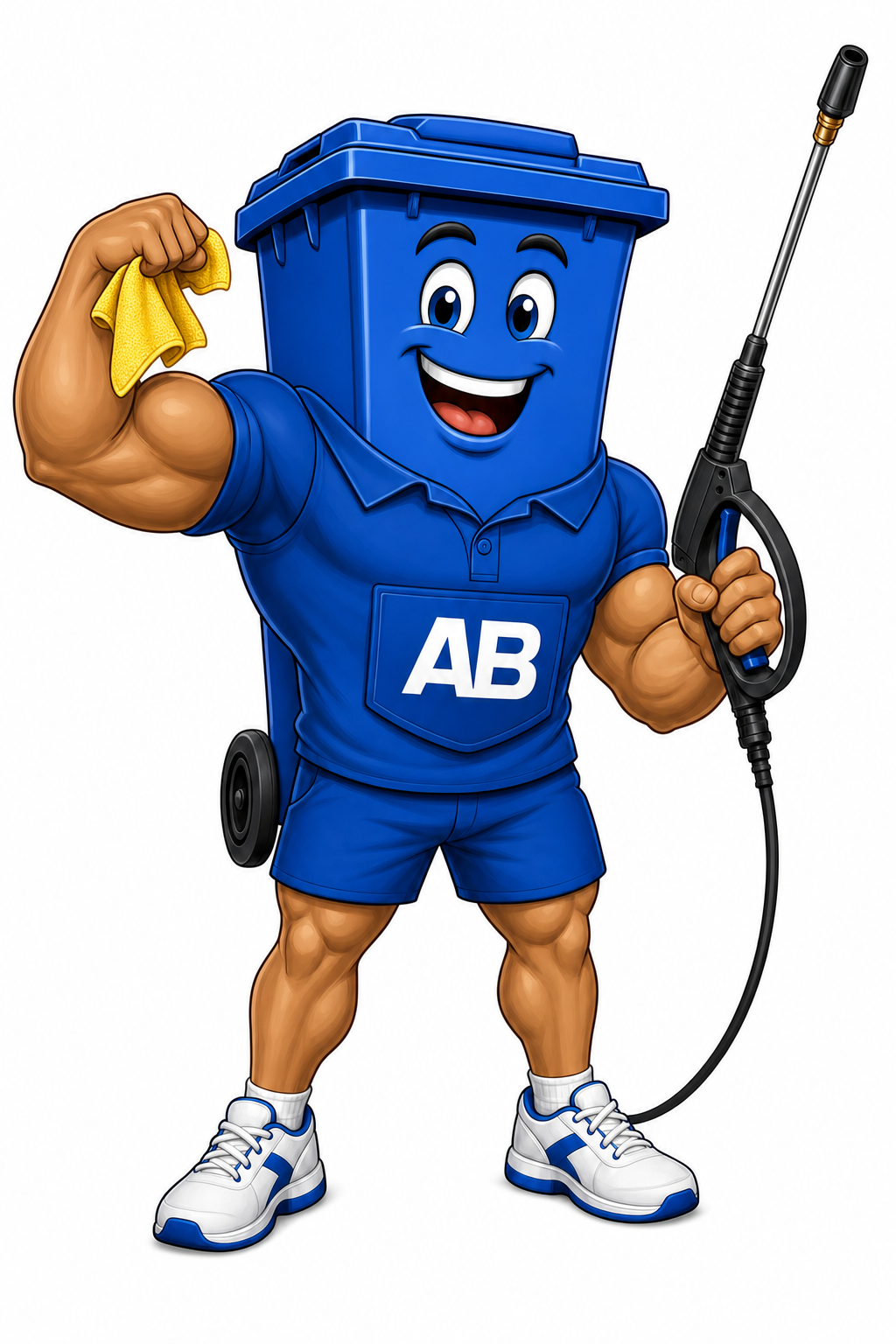 AB Trashcan Cleaning mascot — friendly muscular bin character