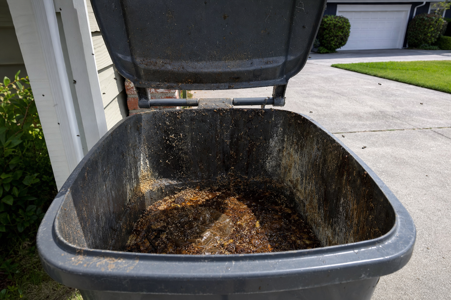 Trash can before AB cleaning — grime, maggots, mold